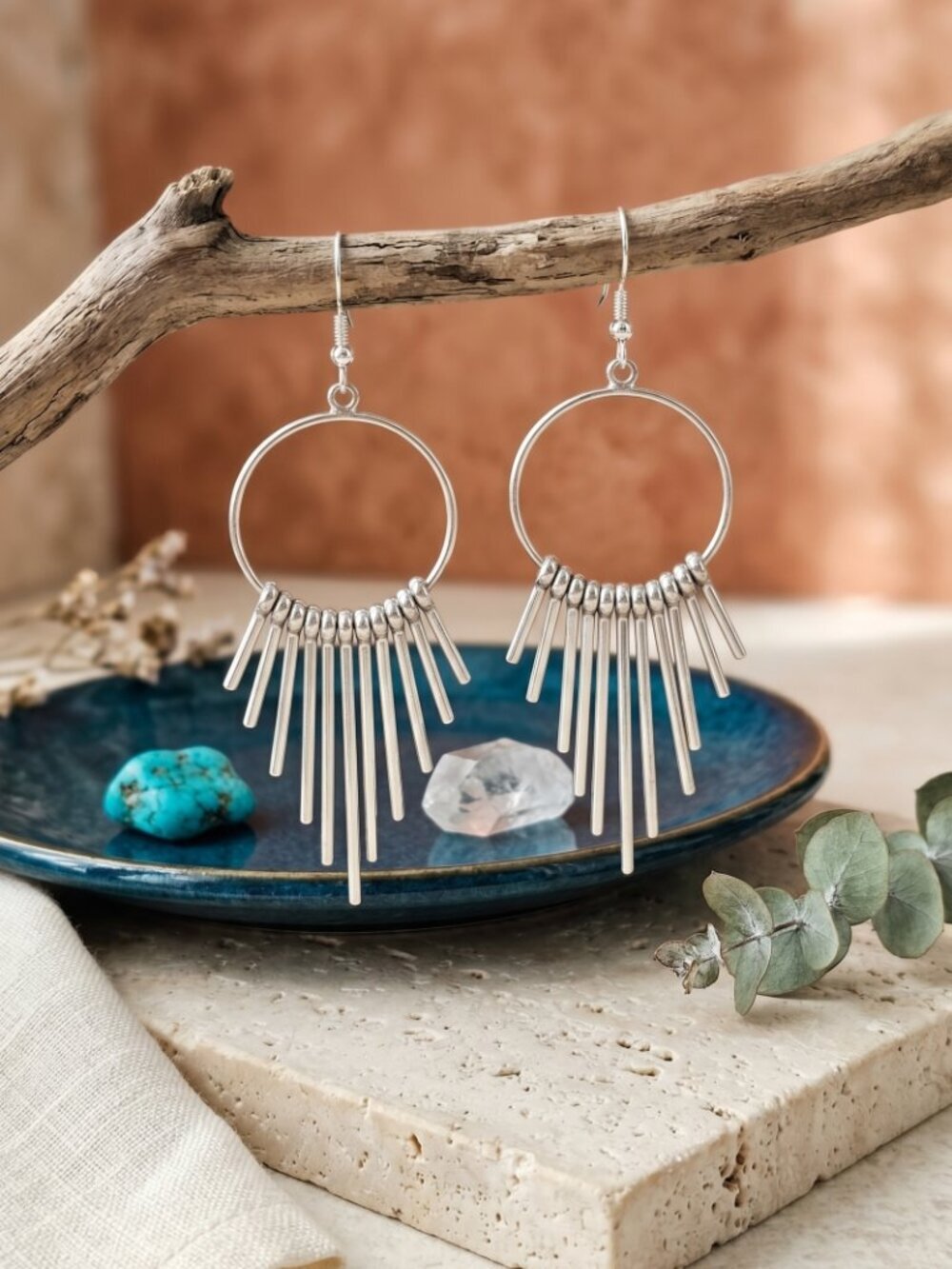 Cascading Spiked Hoop Silver Plated Fringe Drop Dangle Earrings Festival Boho